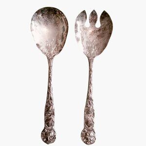 W A Italy Silverplated Salad Serving Spoon Fork Floral Design Wedding Elegant